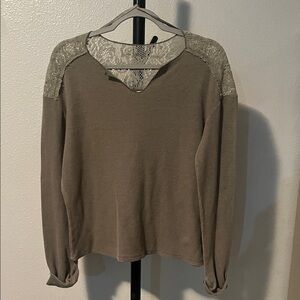 Knox Rose Sage Green Knit Top with Lace Accent